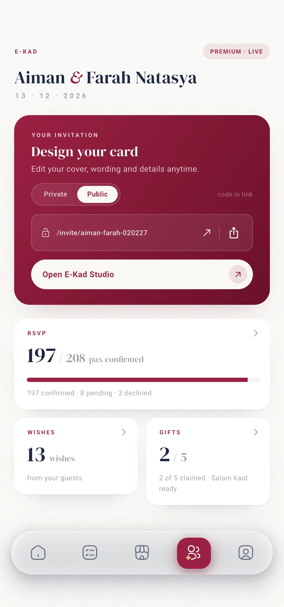 The E-Kad tab in Akad Planner: RSVPs, wishes and gifts on one screen
